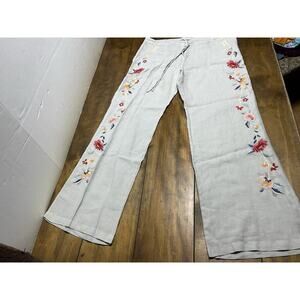 Johnny Was JW Los Angeles Linen Pants Embroidered Size Medium Beige